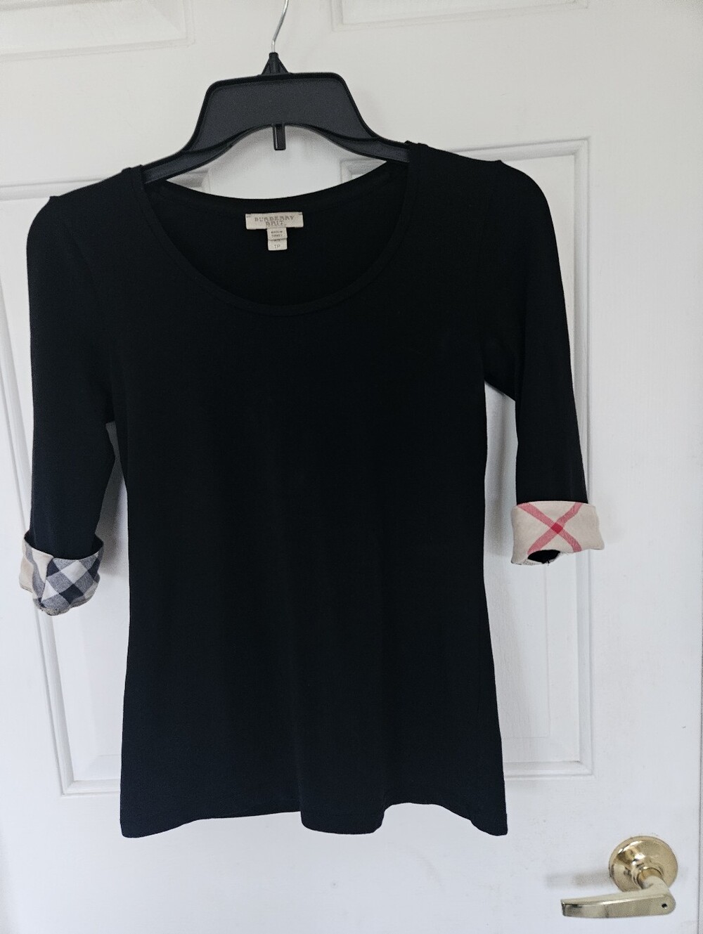 Burberry Mid Cap Sleeve Top with Plaid Cuff
